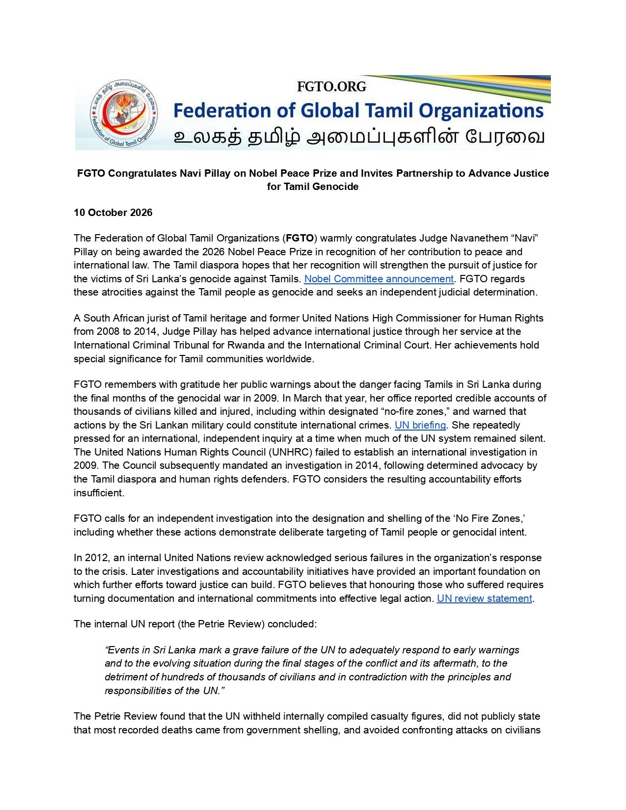 FGTO Congratulates Navi Pillay on Nobel Peace Prize and Invites Partnership to Advance Justice for Tamil Genocide